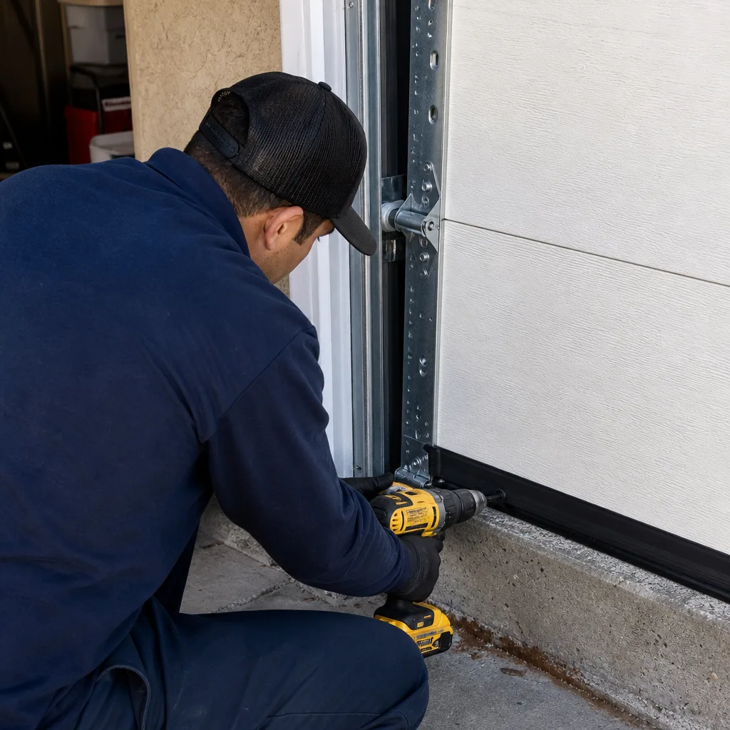 Technician using a power drill for garage door bottom seal installation