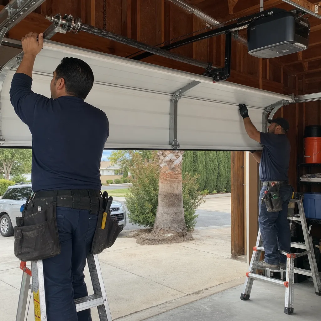 Two professional technicians performing a residential garage door installation