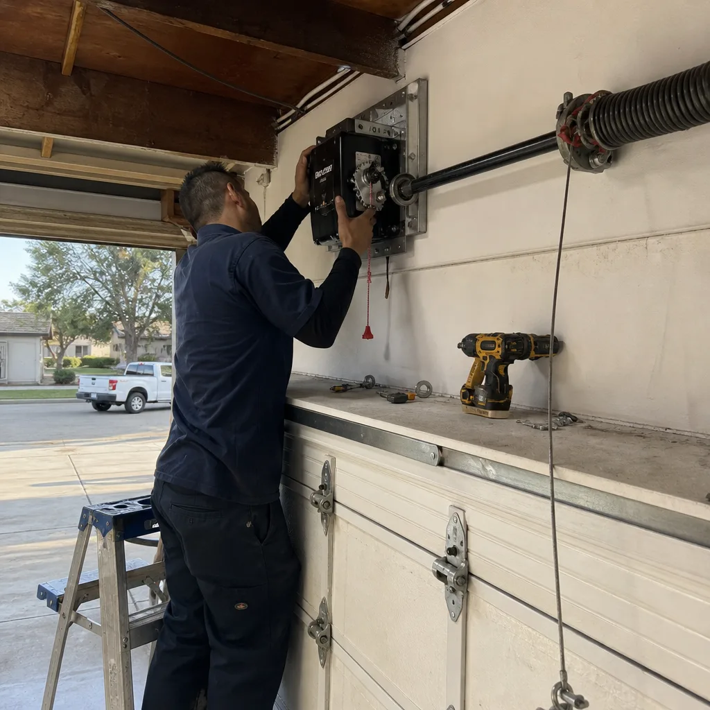 Technician performing professional garage door opener repair and installation