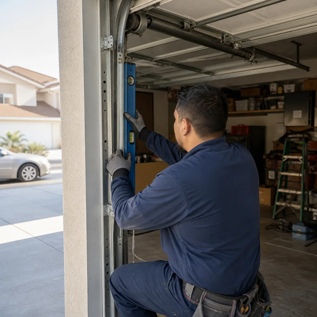 Technician using a level to adjust a garage door track