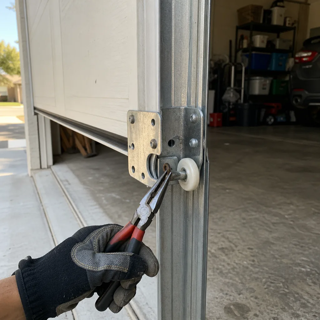 Professional technician performing garage door roller repair and maintenance