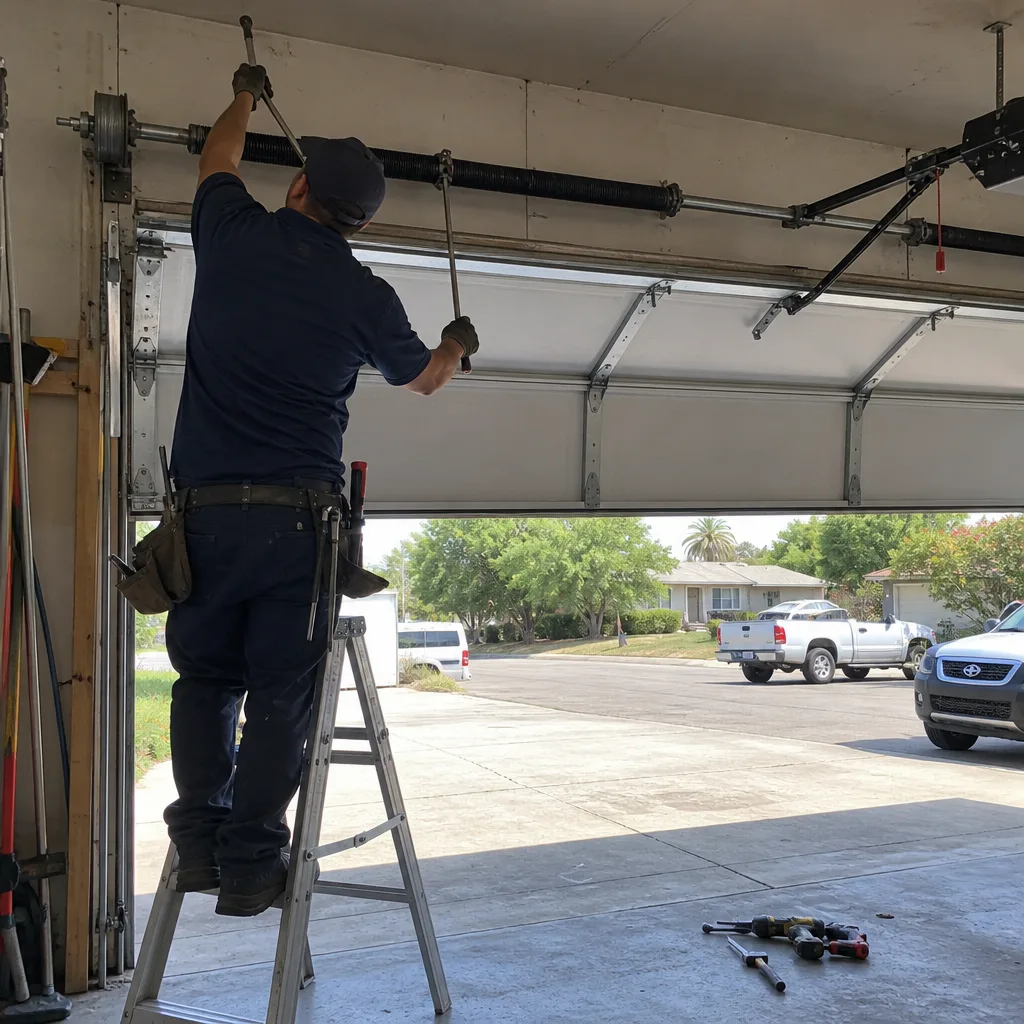 Technician performing professional garage door spring repair and maintenance
